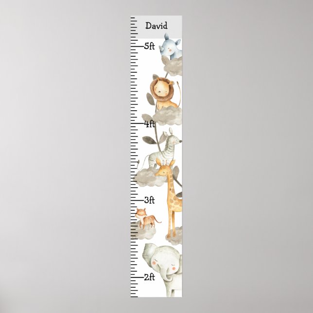Gray Jungle Safari Animals Growth Chart Custom (Front)
