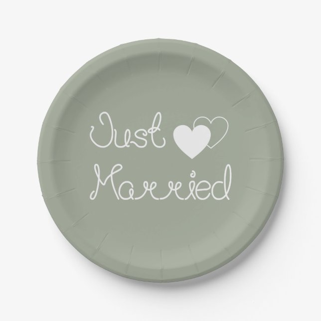Gray Just Married With White Hearts Wedding Paper Plates (Front)