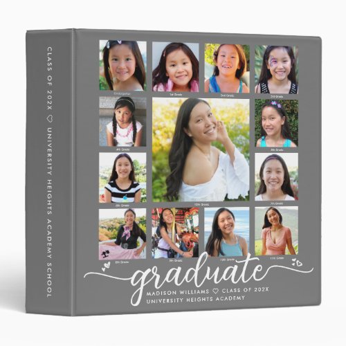 Gray K12 Graduation Modern Script Photo Collage  3 Ring Binder