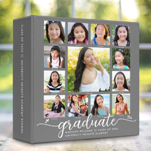 Gray K–12 Graduation Modern Script Photo Collage 3 Ring Binder
