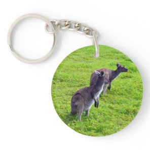 Gray Kangaroos On Green Grass, Keychain