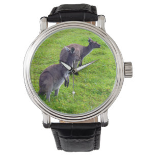 Gray Kangaroos On Green Grass, Mens Leather Watch. Watch