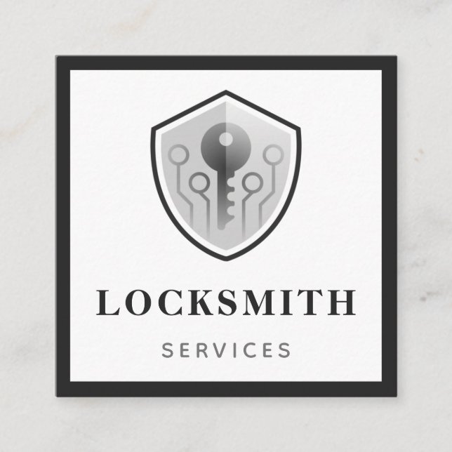 Gray Key Logo Locksmith Services Social Media Bold Square Business Card (Front)