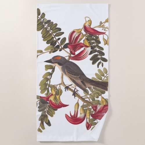 Gray Kingbird Audubon Bird on Flowering Tree Beach Towel