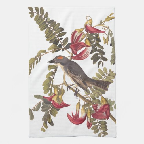 Gray Kingbird Audubon Bird on Flowering Tree Kitchen Towel