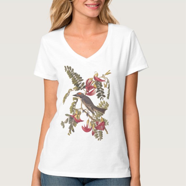 Gray Kingbird Audubon Bird on Flowering Tree T-Shirt (Front)