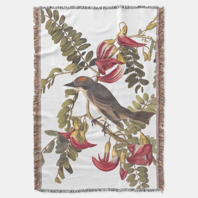 Gray Kingbird Audubon Bird on Flowering Tree Throw Blanket (Front Vertical)