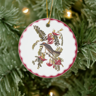 Gray Kingbird In Pink Flowering Hummingbird Tree Ceramic Ornament