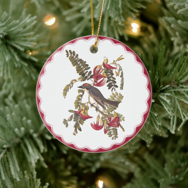 Gray Kingbird In Pink Flowering Hummingbird Tree Ceramic Ornament (Tree)