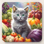 Gray Kitten and Vegetables Beverage Coaster
