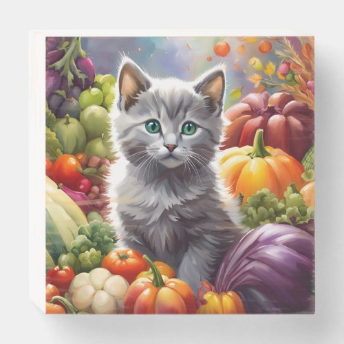 Gray Kitten and Vegetables Wooden Box Sign