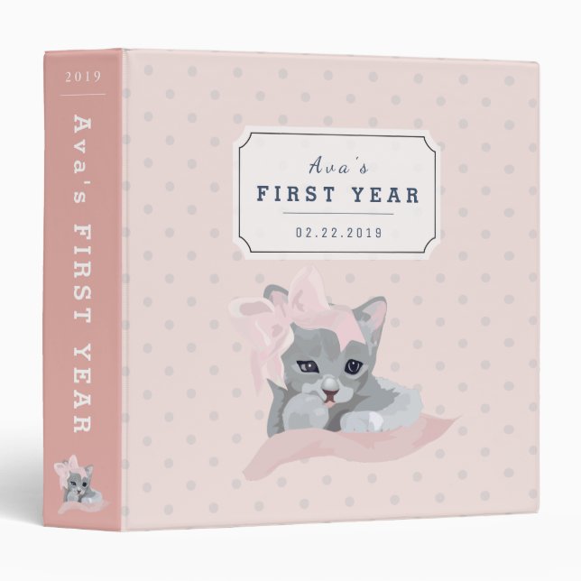 Gray Kitten Big Pink Ribbon Baby Photo Book Binder (Front/Spine)