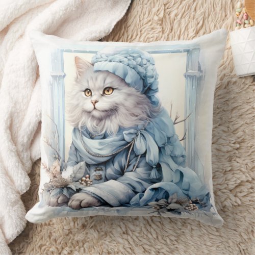 Gray Kitten Blue Victorian Clothes Throw Pillow