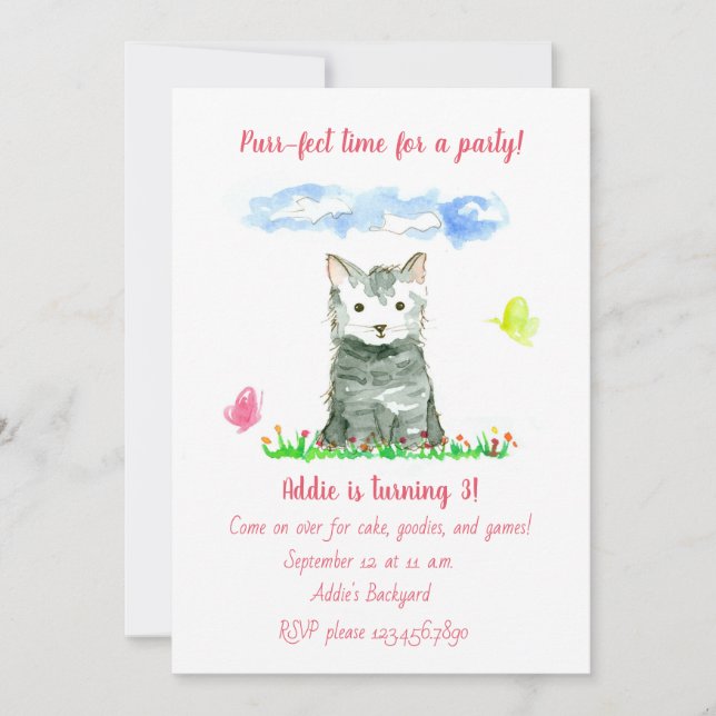 Gray Kitten Girl's Third Birthday Party Invitation (Front)