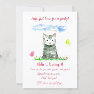 Gray Kitten Girl's Third Birthday Party Invitation