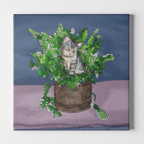 Gray Kitten in Bucket of Catnip    Canvas Print