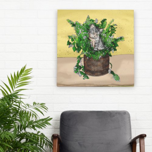Gray Kitten in Bucket of Catnip   Canvas Print