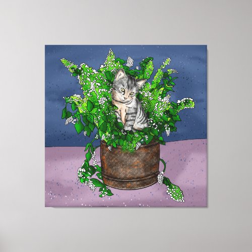 Gray Kitten in Bucket of Catnip  Canvas Print
