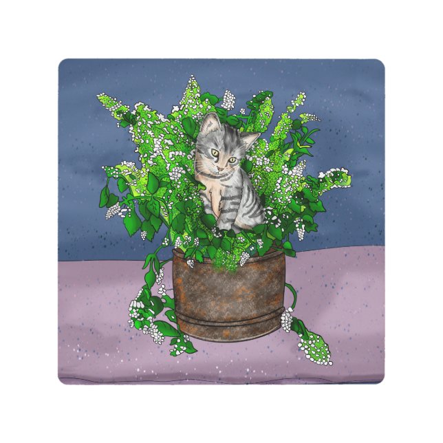 Gray Kitten in Bucket of Catnip Metal Print (Front)