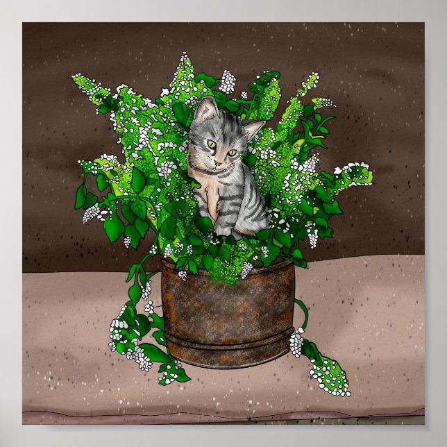 Gray Kitten in Bucket of Catnip   Poster (Front)