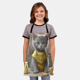 Gray Kitten in Yellow Apron Baking Biscuits