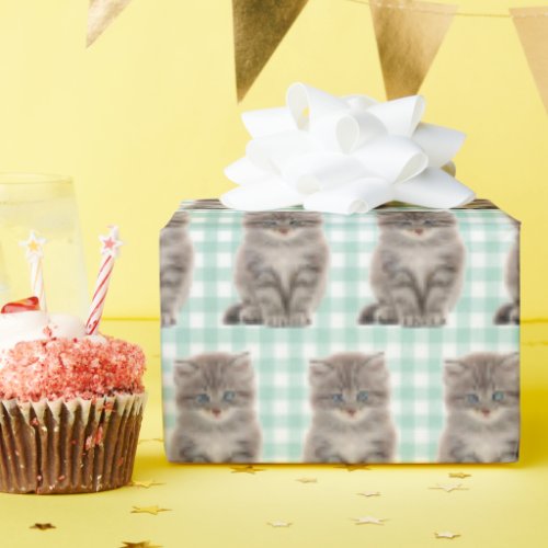 Gray Kitten On Green and White Gingham Wrapping Paper
