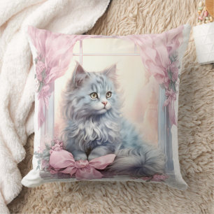 Gray Kitten Pink Bow Throw Pillow