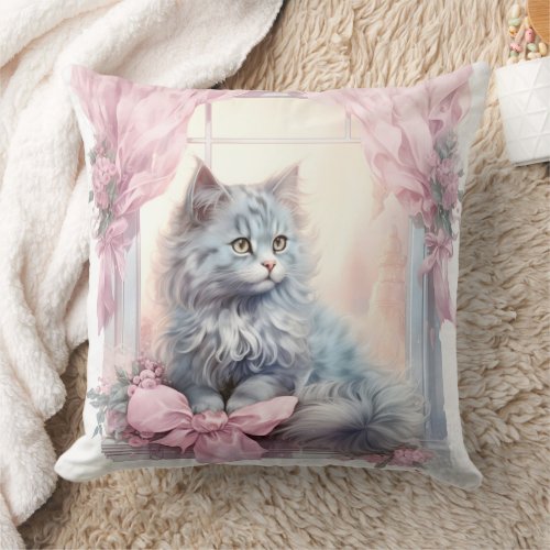  Gray Kitten Pink Bow Throw Pillow