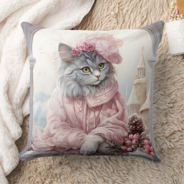  Gray Kitten Pink Frilly Clothes Throw Pillow (Blanket)