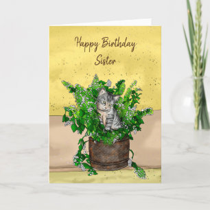 Gray Kitten sitting in a Pot of Catnip Birthday   Card