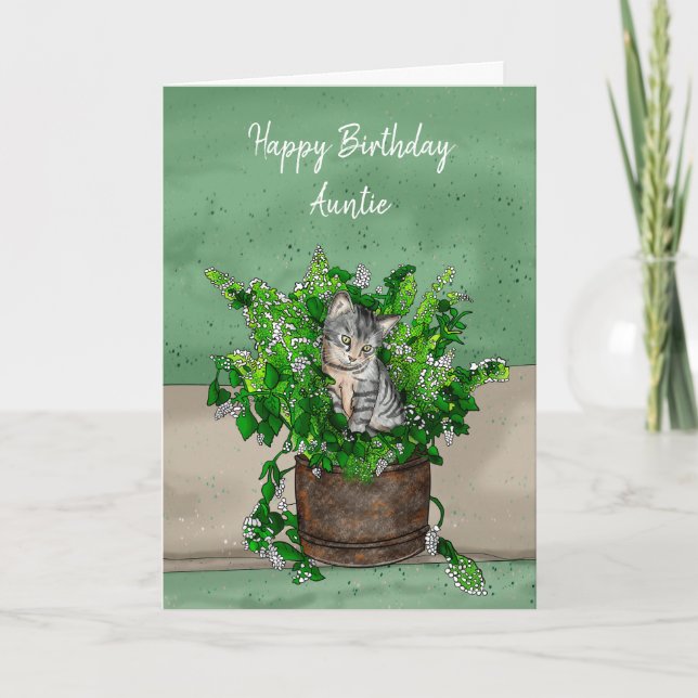 Gray Kitten sitting in a Pot of Catnip Birthday    Card (Front)