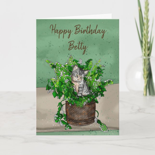 Gray Kitten sitting in a Pot of Catnip Birthday Card (Front)