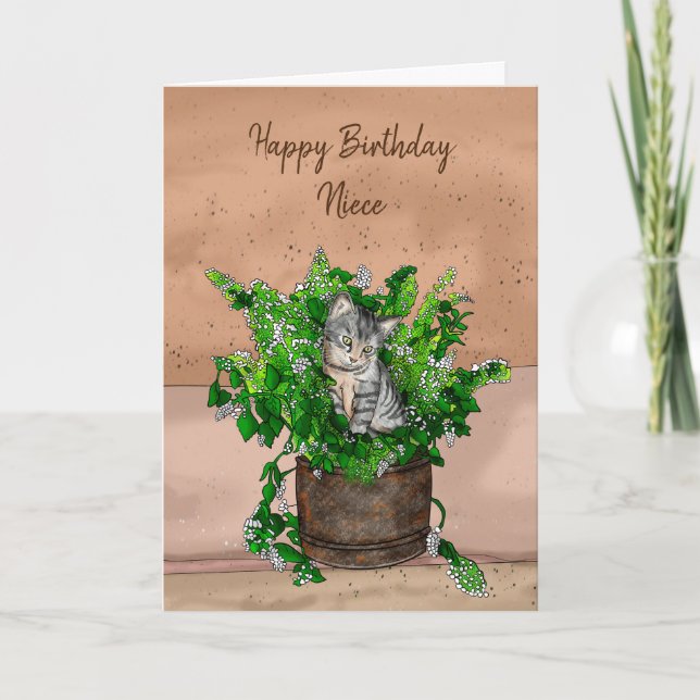 Gray Kitten sitting in a Pot of Catnip Birthday    Card (Front)
