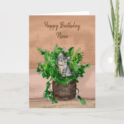Gray Kitten sitting in a Pot of Catnip Birthday    Card