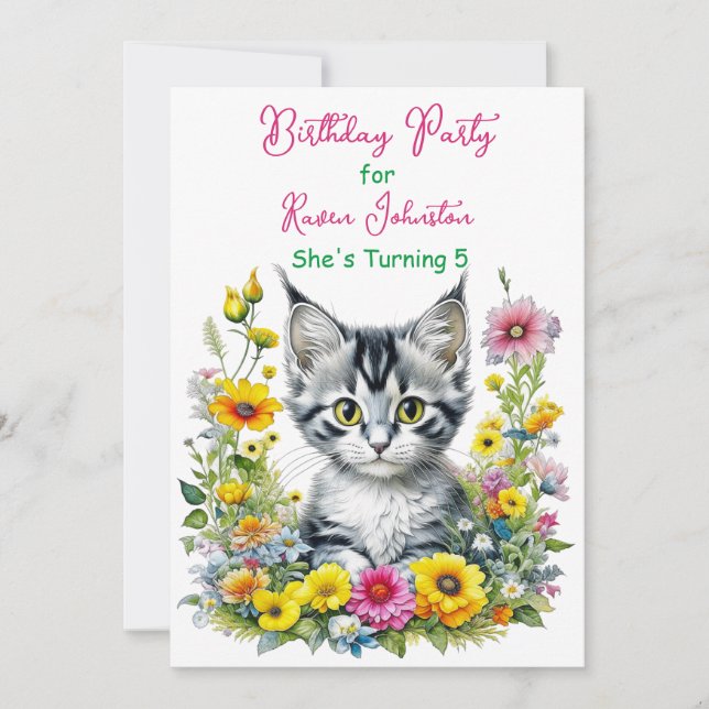 Gray Kitten Themed Floral Girl's Birthday Party Invitation (Front)