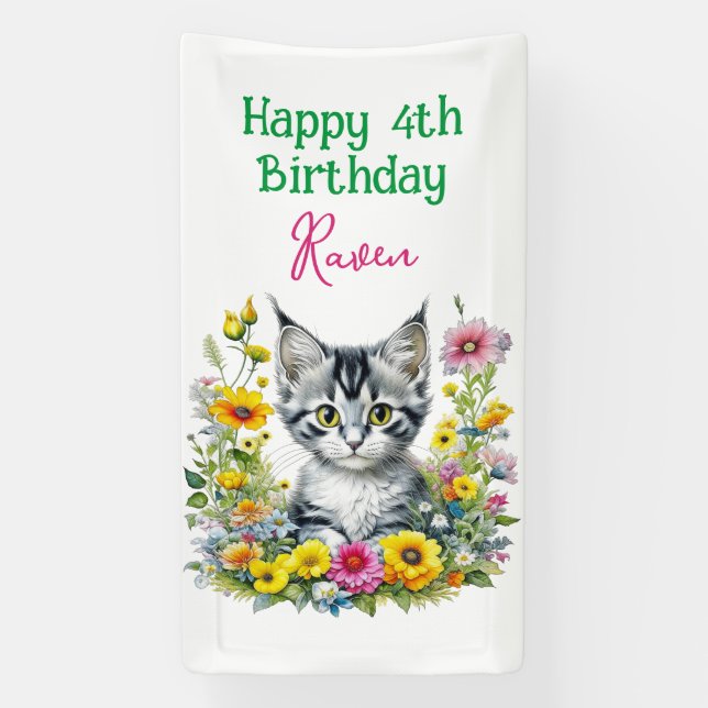 Gray Kitten Themed  Girl's Birthday Party Invite Banner (Vertical)
