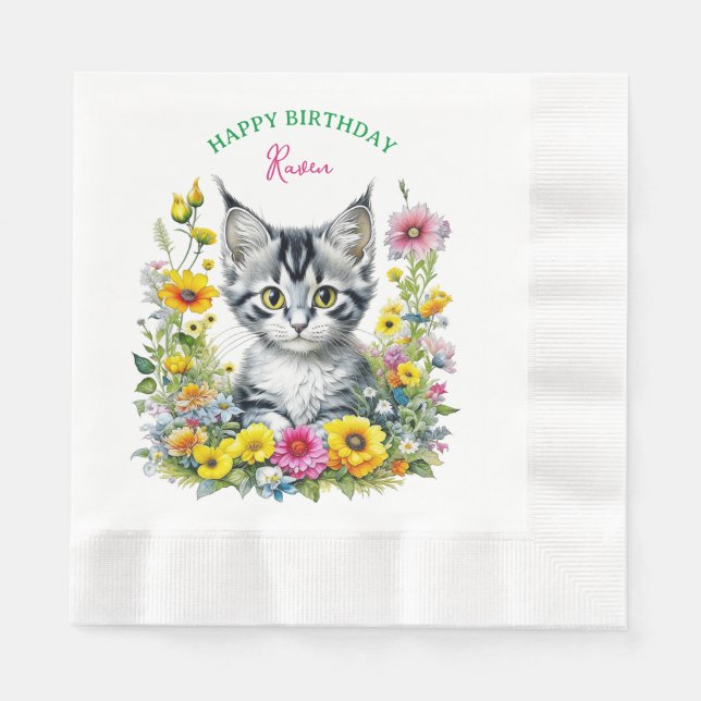 Gray Kitten Themed  Girl's Birthday Party Invite Napkins (Front)