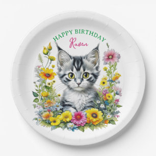 Gray Kitten Themed Girl's Birthday Party Invite Paper Plates