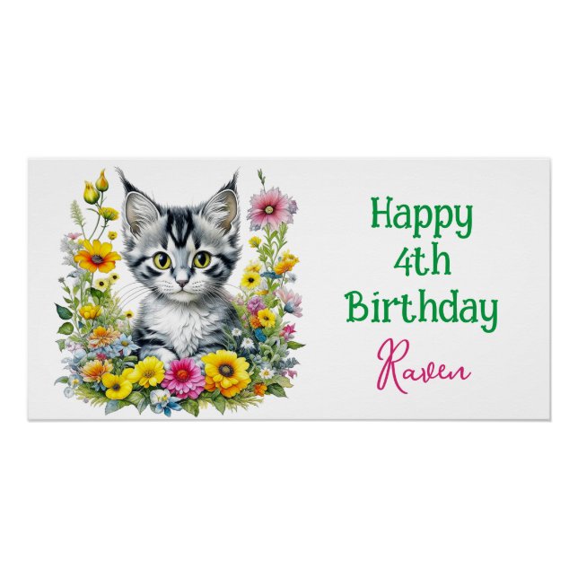 Gray Kitten Themed  Girl's Birthday Party Invite Poster (Front)