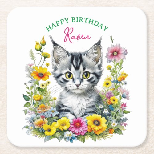 Gray Kitten Themed  Girls Birthday Party Invite Square Paper Coaster