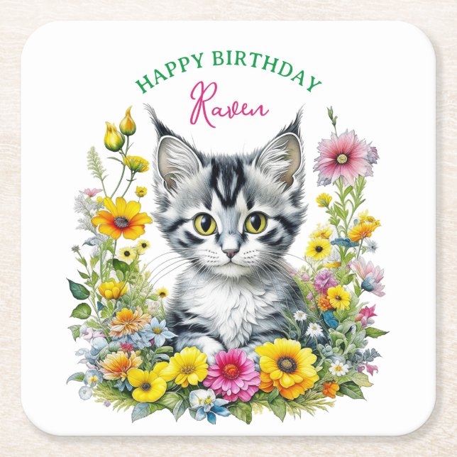 Gray Kitten Themed  Girl's Birthday Party Invite Square Paper Coaster (Front)
