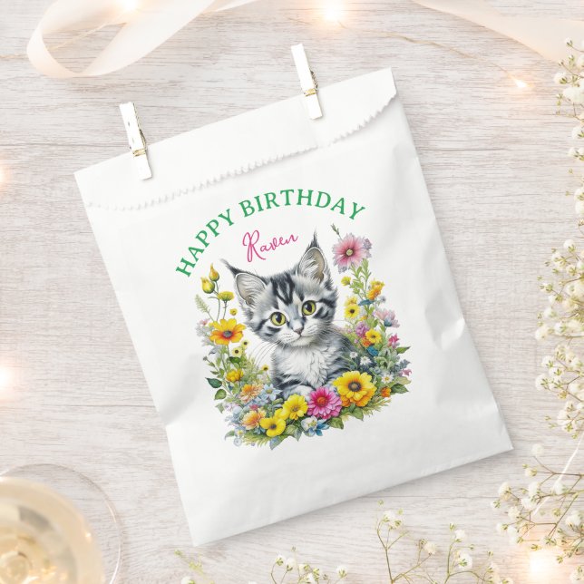 Gray Kitten Themed  Girl's Birthday Personalized Favor Bag (Clipped)