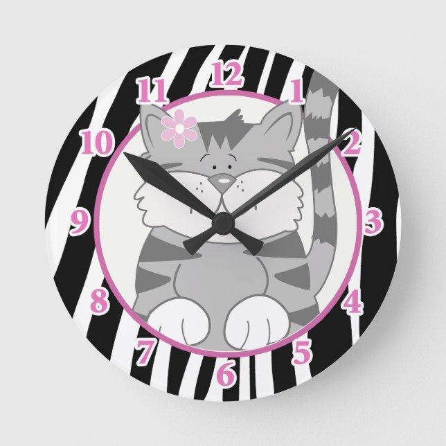 Gray Kitten Wall Clock with Zebra Stripe (Front)