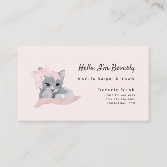 Gray Kitten with Pink Ribbon Mommy Business Card (Front)