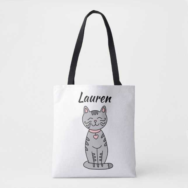 Gray Kitty Cat Personalized Tote Bag (Front)