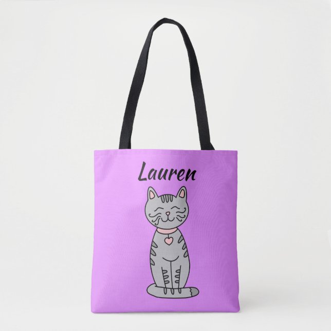 Gray Kitty Cat Personalized Tote Bag (Front)