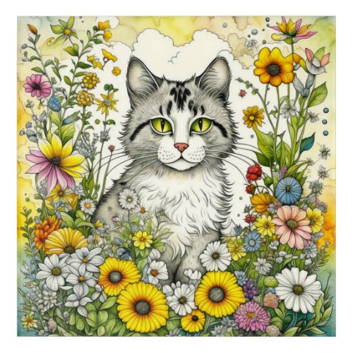 Gray Kitty Cat Sitting in Flowers  Acrylic Print