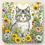 Gray Kitty Cat Sitting in Flowers  Beverage Coaster