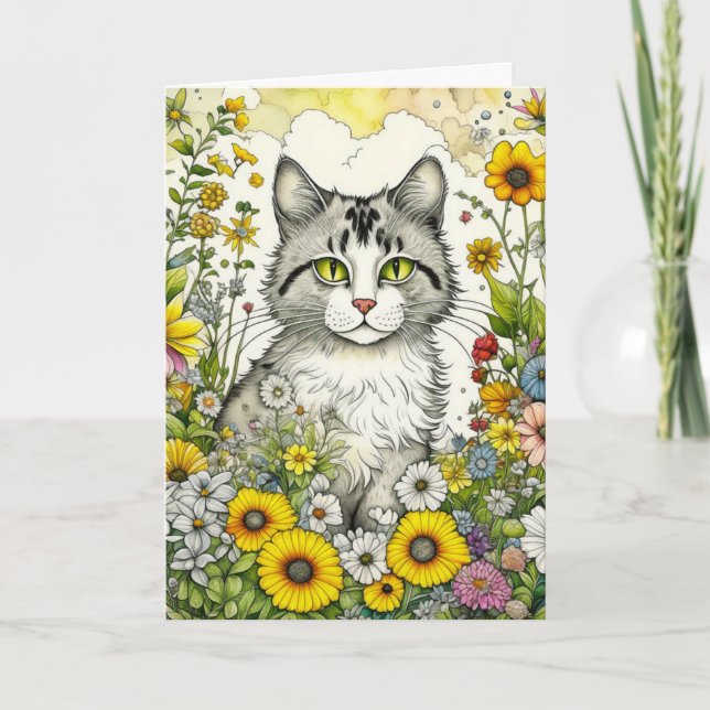Gray Kitty Cat Sitting in Flowers Birthday Card (Front)