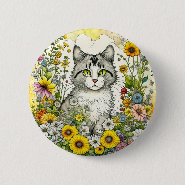 Gray Kitty Cat Sitting in Flowers  Button (Front)